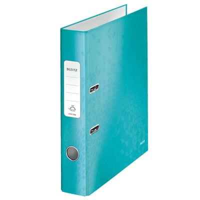 Biblioraft premium Leitz WOW, format A4, lățime cotor 5,2 cm, culoare turcoaz metalizat, prevăzut cu mecanism 180° și inele rado pentru arhivare profesională și organizare eficientă