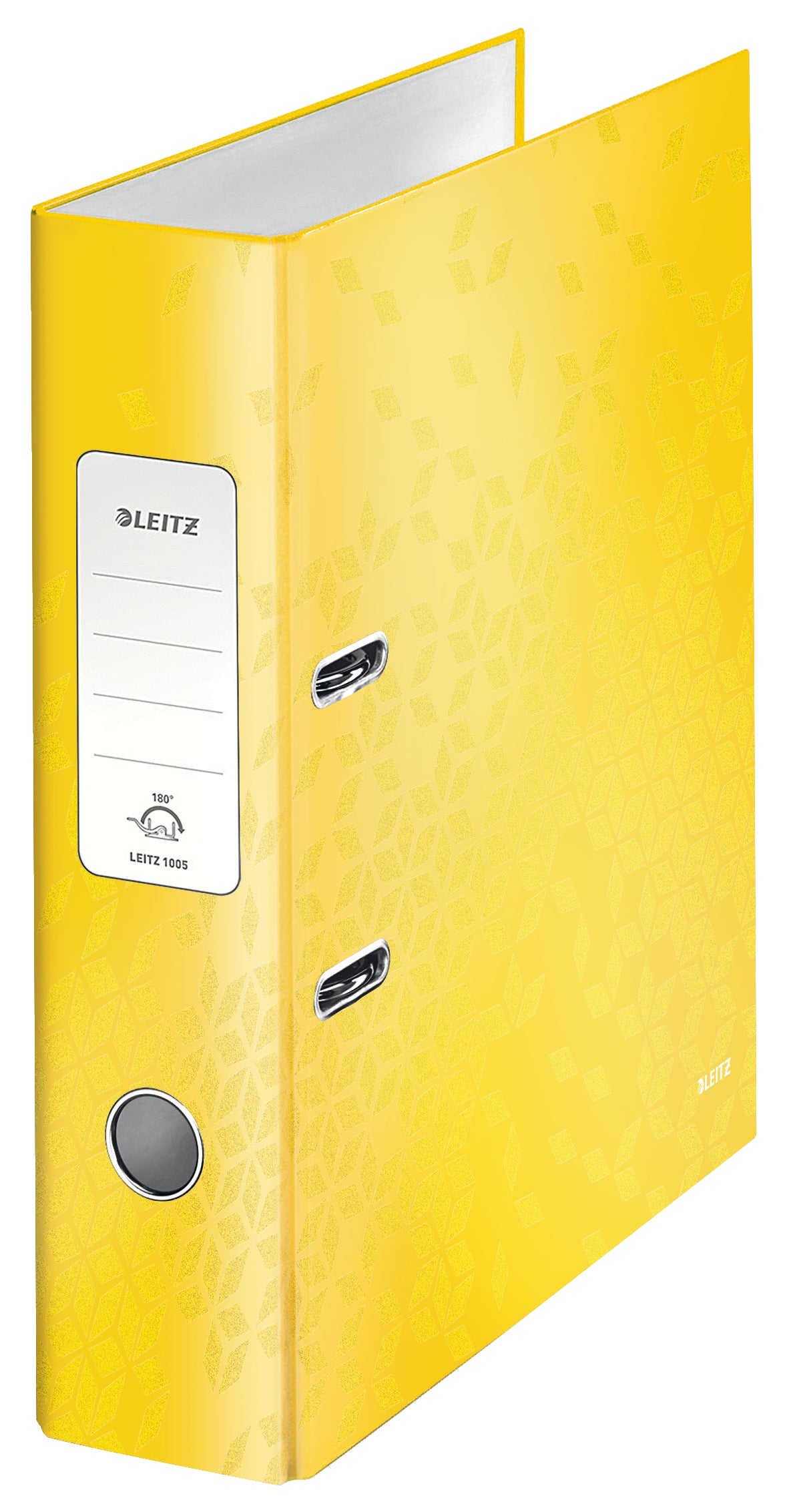 Biblioraft premium Leitz Wow, culoare galbenă, format A4, cotor lat de 8 cm, mecanism patentat 180 grade, ideal pentru arhivarea eficientă și organizarea colorată a documentelor.