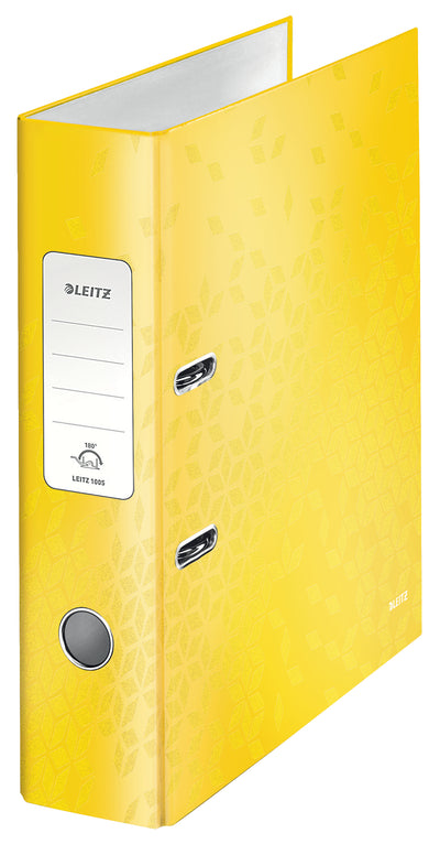 Biblioraft premium Leitz Wow, culoare galbenă, format A4, cotor lat de 8 cm, mecanism patentat 180 grade, ideal pentru arhivarea eficientă și organizarea colorată a documentelor.
