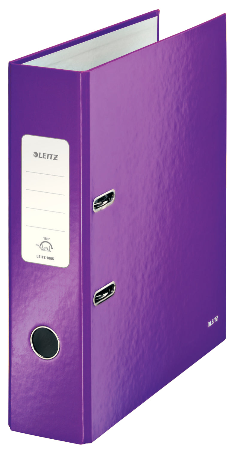 Biblioraft premium Leitz Wow, culoare mov metalizat, format A4, cotor lat de 8 cm, mecanism patentat 180 grade, ideal pentru arhivarea eficientă și organizarea estetică a documentelor de birou.