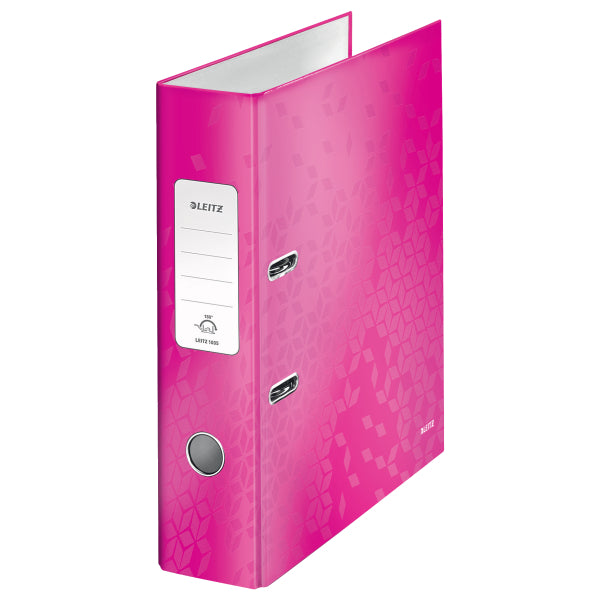 Biblioraft premium Leitz Wow, culoare roz metalizat, format A4, cotor lat de 8 cm, mecanism patentat 180 grade, ideal pentru o arhivare estetică, organizată și modernă