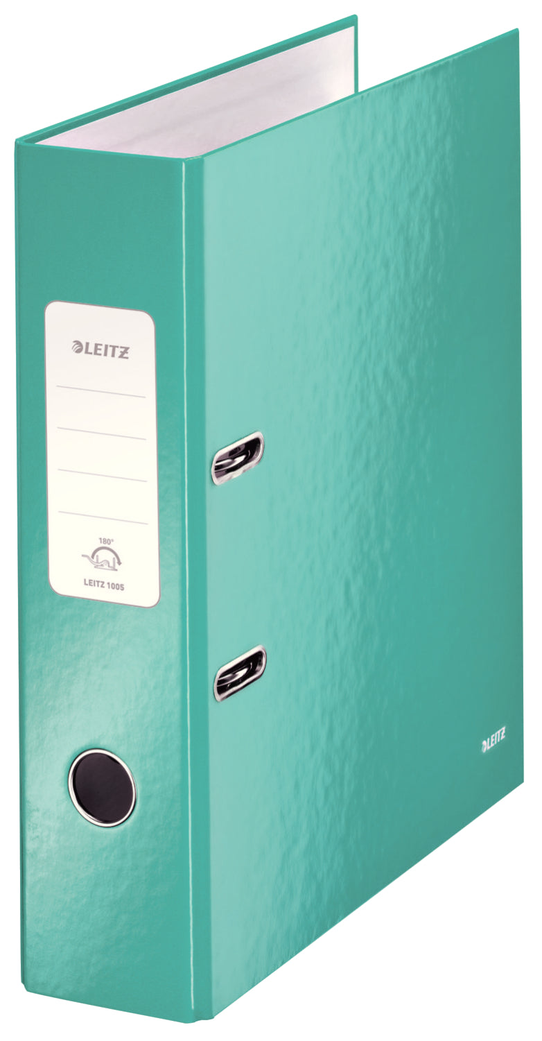 Biblioraft premium Leitz Wow, culoare turcoaz metalizat, format A4, cotor lat de 8 cm, mecanism patentat 180 grade, ideal pentru o arhivare modernă, durabilă și estetică