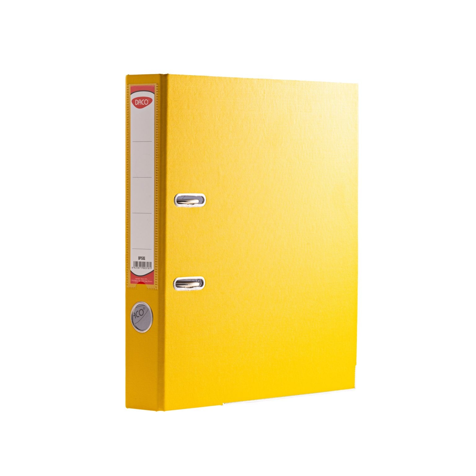 Biblioraft plastifiat DACO, format A4, cotor de 5 cm, culoare galben, prevăzut cu colțuri metalice și buzunar pentru etichetă, ideal pentru organizarea vizuală a documentelor