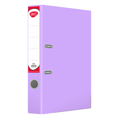 Biblioraft plastifiat DACO, format A4, cotor de 5 cm, culoare lila, prevăzut cu colțuri metalice și buzunar pentru etichetă, ideal pentru arhivare profesională
