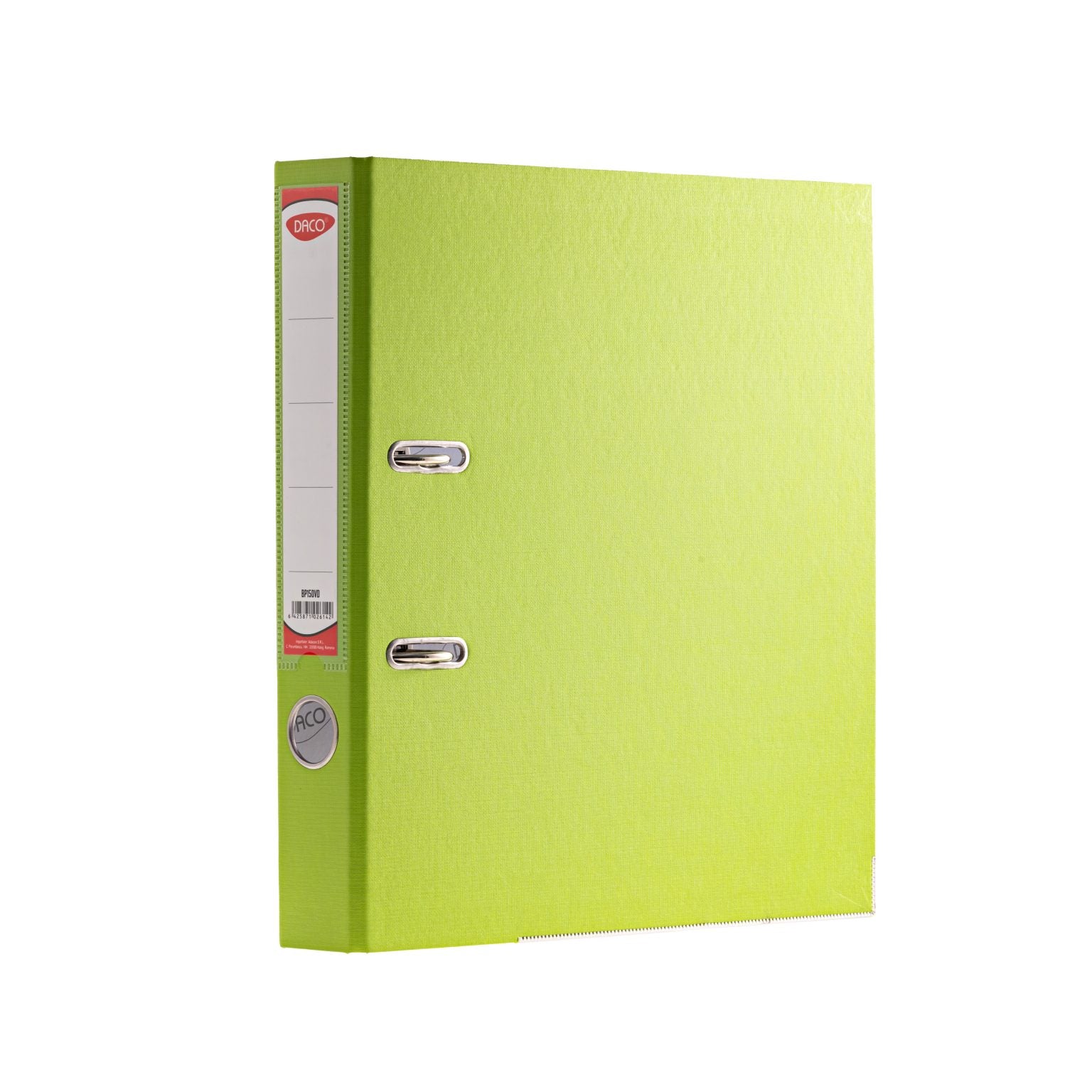 Biblioraft plastifiat DACO, format A4, cotor de 5 cm, culoare verde deschis, echipat cu colțuri metalice și buzunar pentru etichetă, ideal pentru o organizare clară și modernă a documentelor