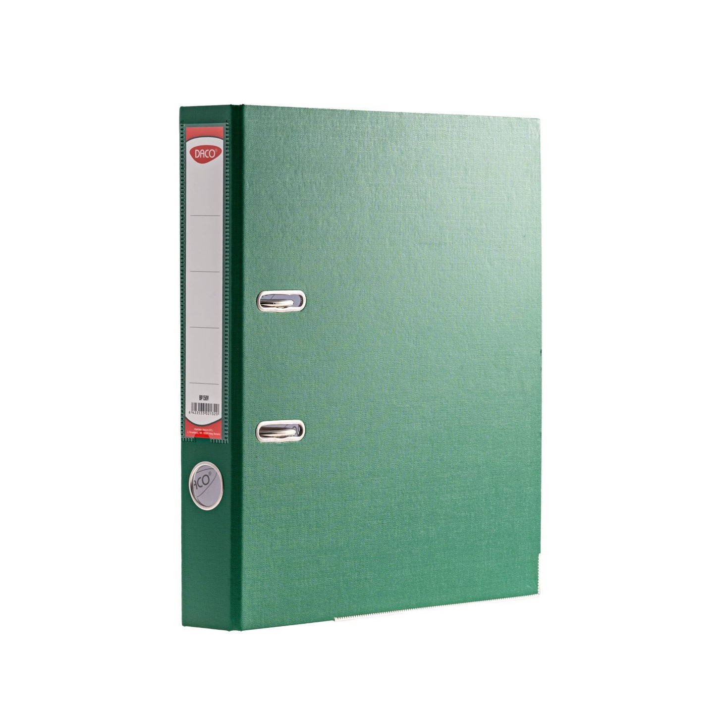 Biblioraft plastifiat DACO, format A4, cotor de 5 cm, culoare verde, prevăzut cu colțuri metalice și buzunar pentru etichetă, ideal pentru organizarea vizuală a documentelor