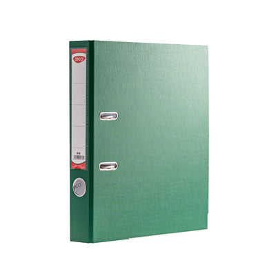 Biblioraft plastifiat DACO, format A4, cotor de 5 cm, culoare verde, prevăzut cu colțuri metalice și buzunar pentru etichetă, ideal pentru organizarea vizuală a documentelor
