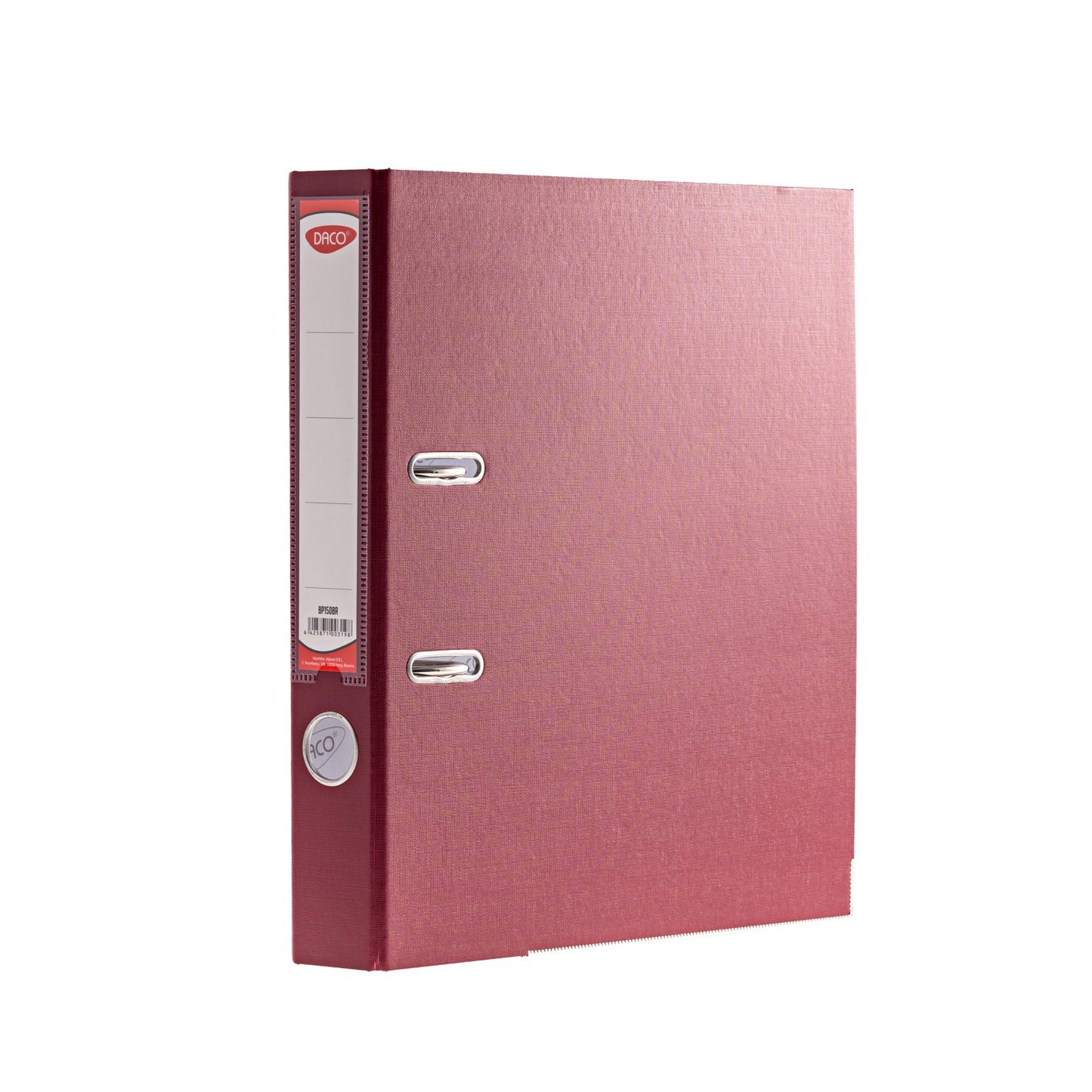 Biblioraft plastifiat DACO, format A4, cotor de 5 cm, culoare vișinie, echipat cu colțuri metalice și buzunar pentru etichetă, ideal pentru arhivare profesională elegantă