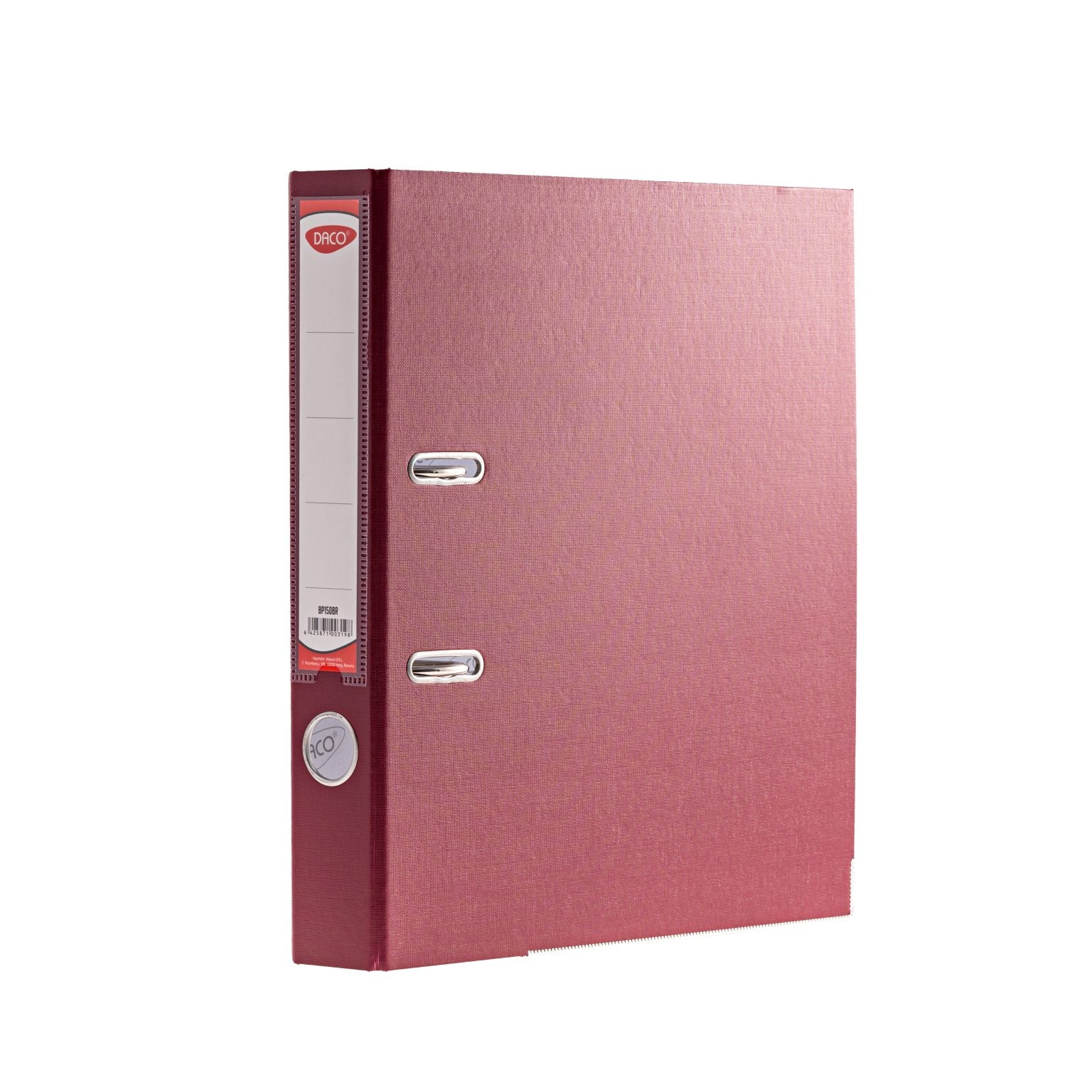 Biblioraft plastifiat DACO, format A4, cotor de 5 cm, culoare vișinie, echipat cu colțuri metalice și buzunar pentru etichetă, ideal pentru arhivare profesională elegantă