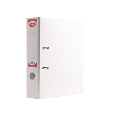 Biblioraft alb Daco, format A4, cotor lat de 7.5 cm, realizat din carton rigid plastifiat, dotat cu colțuri metalice și buzunar pentru etichetă, ideal pentru arhivarea curată și organizată a documentelor