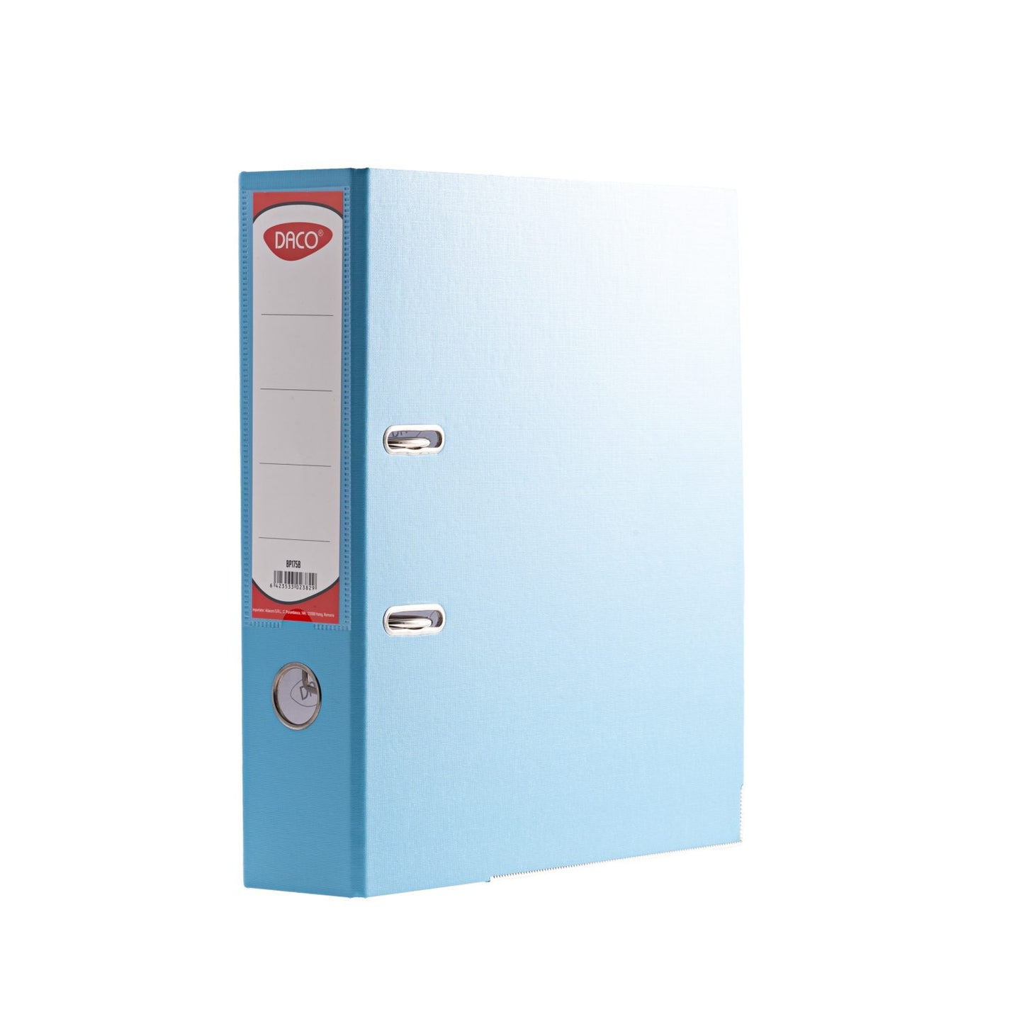 Biblioraft albastru deschis Daco, format A4, cotor lat de 7.5 cm, realizat din carton rigid plastifiat, echipat cu colțuri metalice și buzunar pentru etichetă, ideal pentru o organizare colorată și durabilă a documentelor.