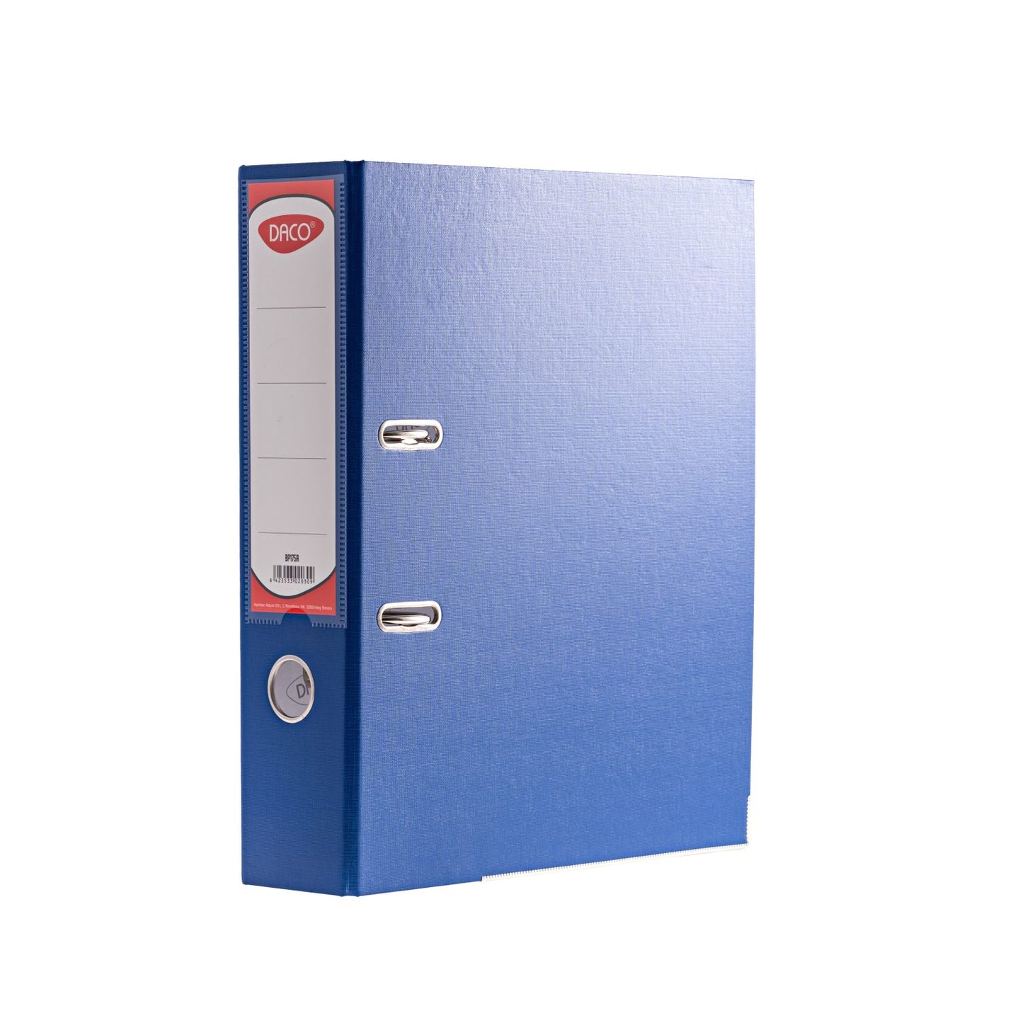 Biblioraft albastru Daco, format A4, cotor lat de 7.5 cm, realizat din carton rigid plastifiat, echipat cu colțuri metalice și buzunar pentru etichetă, soluție ideală pentru organizarea documentelor de birou