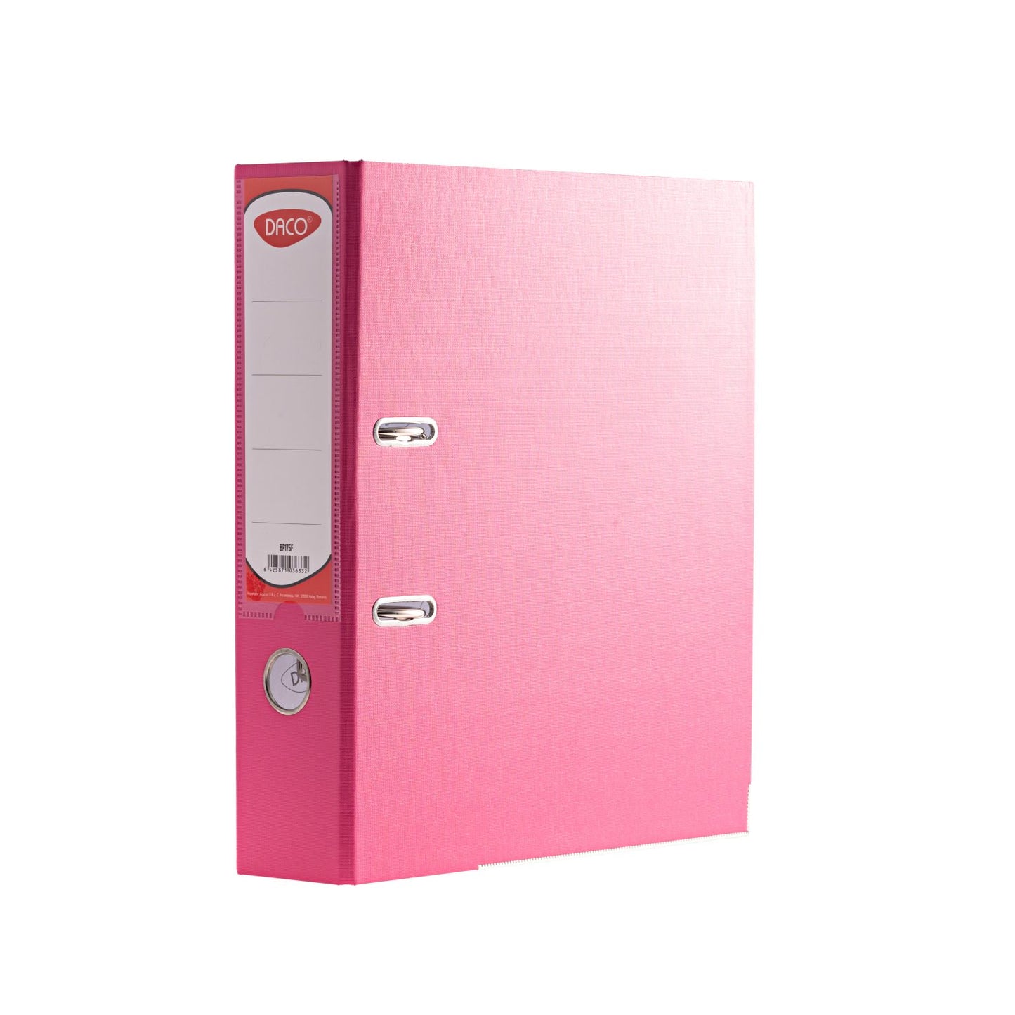 Biblioraft fucsia Daco, format A4, cotor lat de 7.5 cm, realizat din carton rigid plastifiat, echipat cu colțuri metalice și buzunar pentru etichetă, ideal pentru arhivarea vibrantă și organizată a documentelor