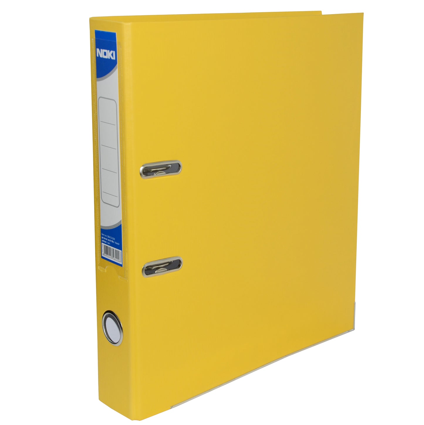 Biblioraft plastifiat Noki, format A4, cotor de 5 cm, culoare galbenă, echipat cu muchie metalică și buzunar pentru etichetă, ideal pentru organizarea vizuală a documentelor.