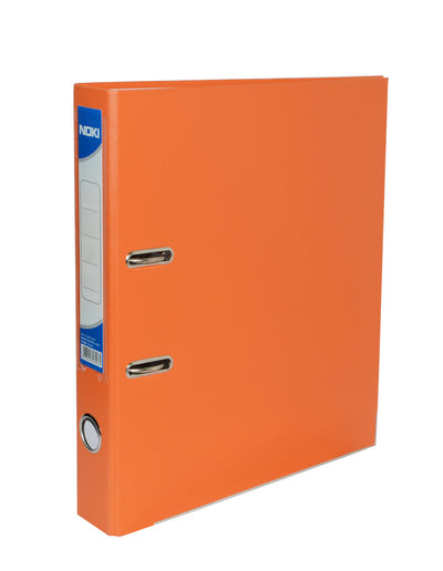 Biblioraft plastifiat Noki, format A4, cotor de 5 cm, culoare portocalie, echipat cu muchie metalică și buzunar pentru etichetă, ideal pentru organizarea vizuală a documentelor