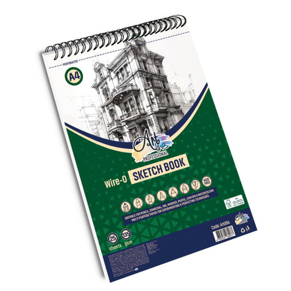 Bloc de desen si schite Artline format A4 cu arc metalic 25 file de 135g hartie extra alba de calitate superioara pentru tehnici mixte