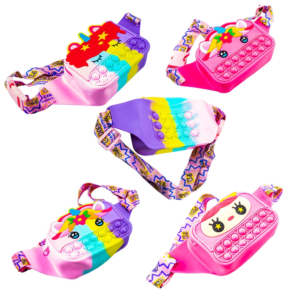 Borseta copii din silicon model Unicorn Pop-It cu 29 bule senzoriale curea textila reglabila si inchidere cu fermoar disponibila in roz mov si multicolor