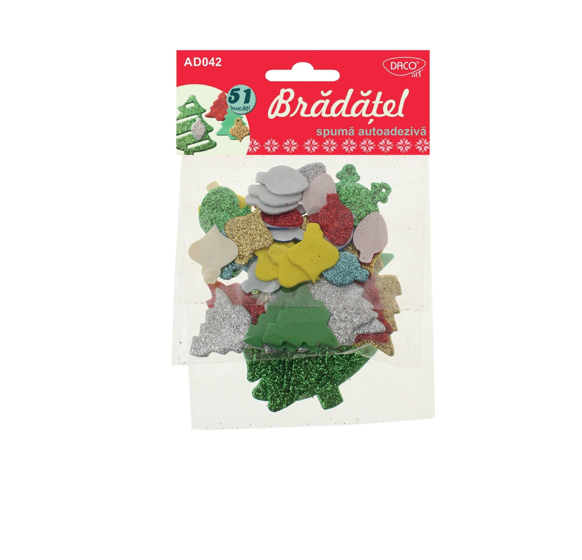 Set de 51 de elemente decorative din spumă autoadezivă cu modele de brazi și globuri de iarnă, brand DACO, cod AD042