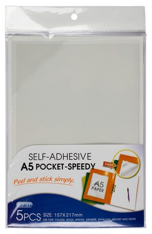 Set 5 buzunare autoadezive A5 din plastic PVC cu adeziv pe tot spatele, format 157x217 mm, ideale pentru panouri, pereți și rafturi