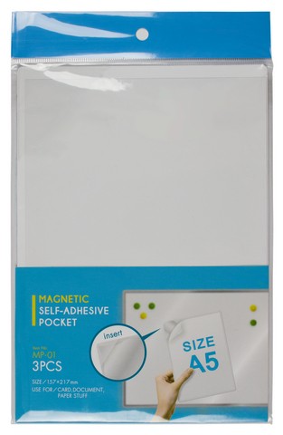 Set 3 buzunare magnetice A5 din plastic cu bandă magnetică exterioară, format 157x217 mm, ideale pentru panouri și suprafețe metalice