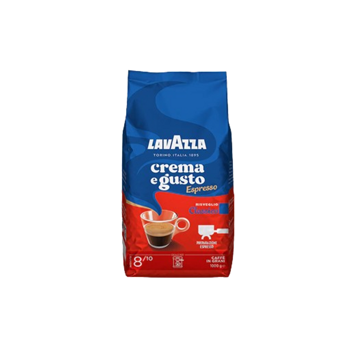 Pachet de cafea boabe Lavazza Crema e Gusto Espresso 1kg cu intensitate 8 din 10 și cremă aurie