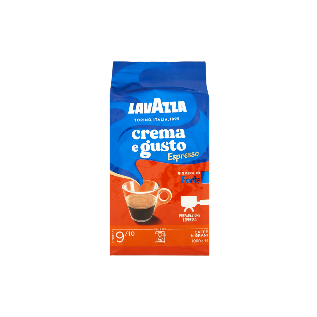 Pachet de cafea boabe Lavazza Espresso Crema e Gusto Forte cu intensitate 9 din 10 și cremă densă