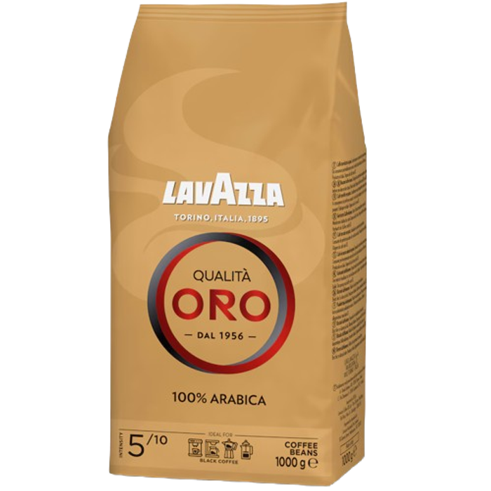 Pachet de cafea boabe Lavazza Qualita Oro 1kg cu intensitate 5 din 10 și profil floral și fructat