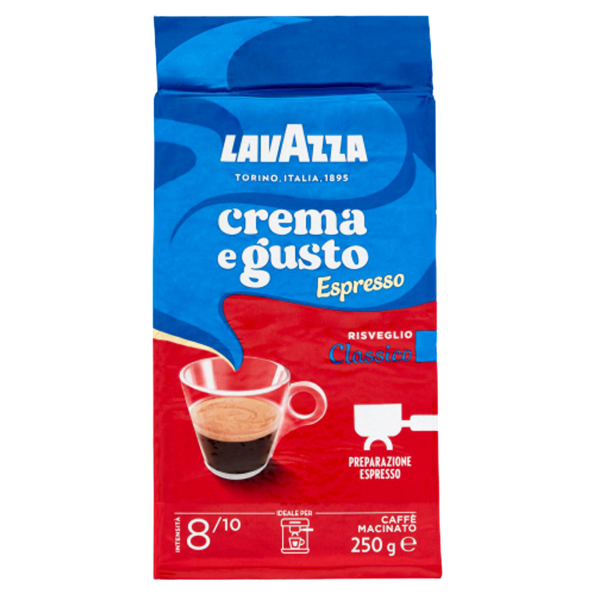 Pachet de cafea Lavazza Crema e Gusto Espresso cu intensitate 8 din 10 și note lemnoase