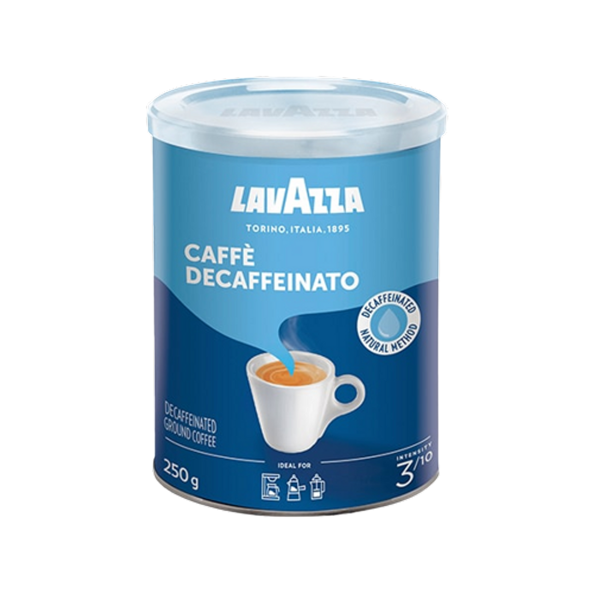 Cutie metalică de cafea măcinată decofeinizată Lavazza DEK 250g cu note de ciocolată și migdale