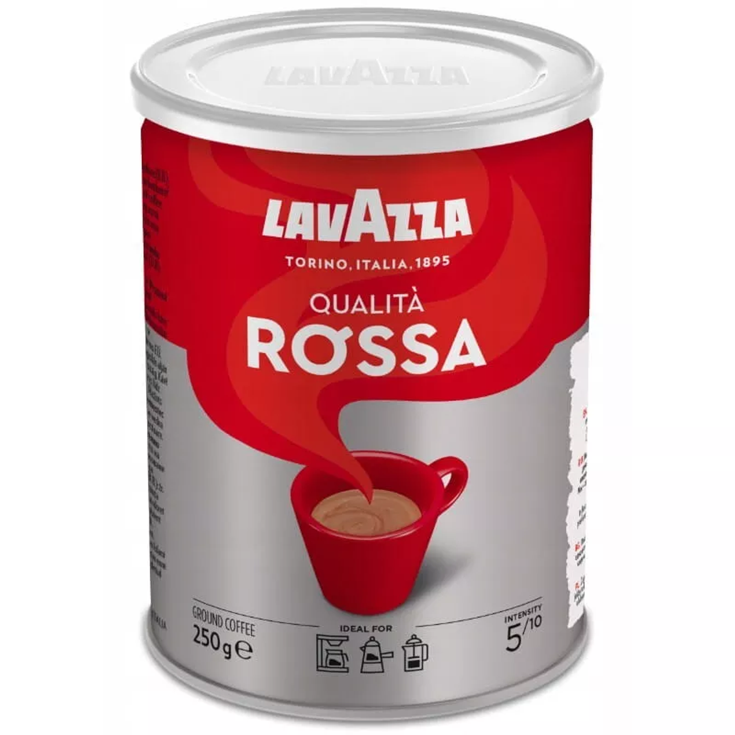 Cutie metalică de cafea măcinată Lavazza Qualita Rossa 250g cu aromă intensă și amestec Arabica și Robusta.