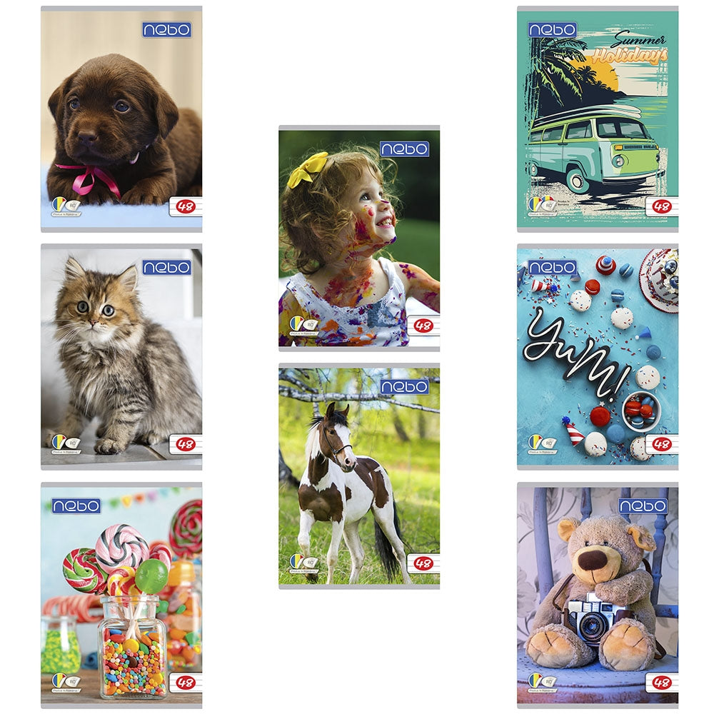 Caiet A5 dictando Nebo fabricat în România cu 48 file, colțuri rotunjite și copertă policromă lucioasă.