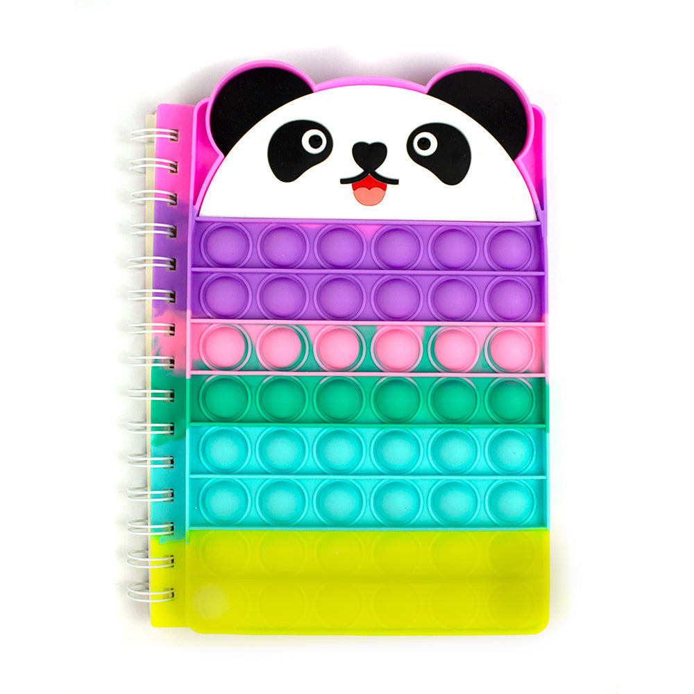 Caiet A5 dictando antistres cu spiră, 80 file, hârtie 90g și copertă din silicon Pop It model urs panda pentru școală.