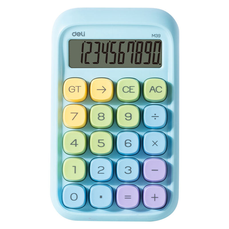 Calculator de birou Deli cu 10 cifre, ecran LCD înclinat și taste multicolore pe bază de baterie