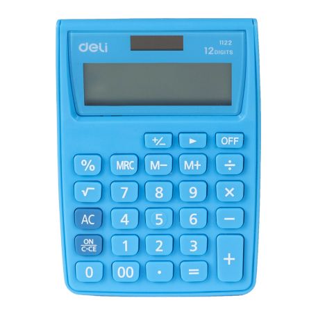 Calculator de birou compact Deli 1122 cu 12 cifre în combinație de culori alb și albastru