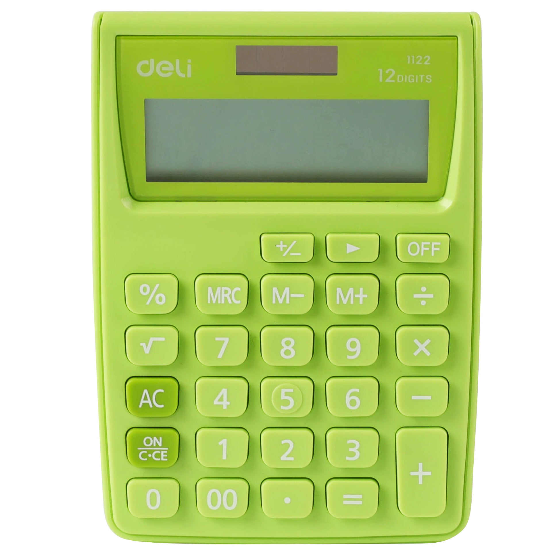 Calculator de birou compact Deli 1122 cu 12 cifre în combinație de culori alb și verde