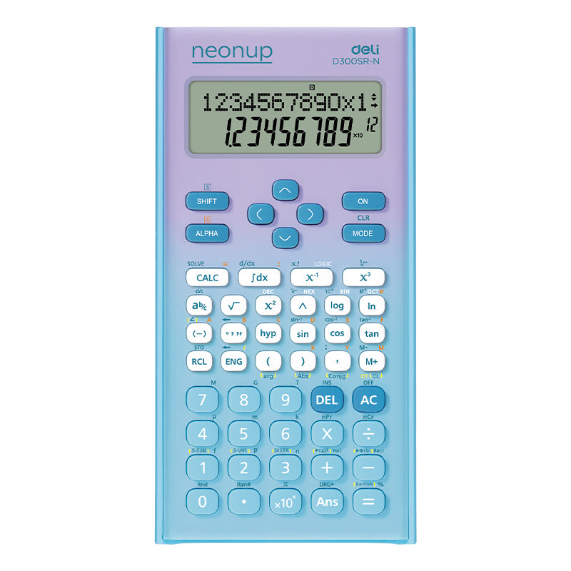Calculator științific Deli cu 12 digite, 300 de funcții, ecran pe 2 linii și capac glisant bleu degrade