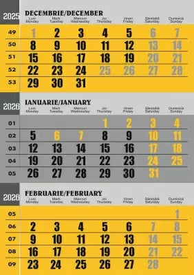 Calendar perete A3 CLASIC, Galben/Gri, Alb/Gri, 2026