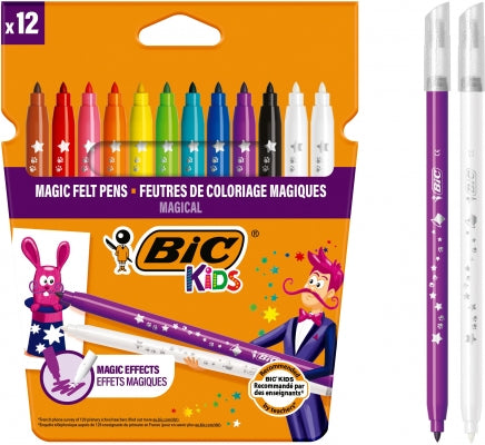 Set 10 carioci colorate si 2 carioci albe pentru sters BIC Kids Colour and Erase varf mediu rezistent lavabile de pe haine