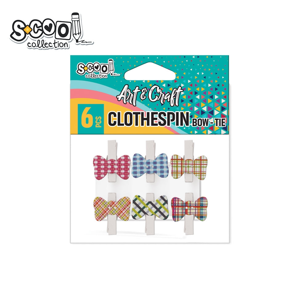 Set de 6 cârlige decorative din lemn alb cu papioane colorate aplicate, marca S-COOL, destinate activităților craft, ghirlandelor foto și decorului de petrecere.