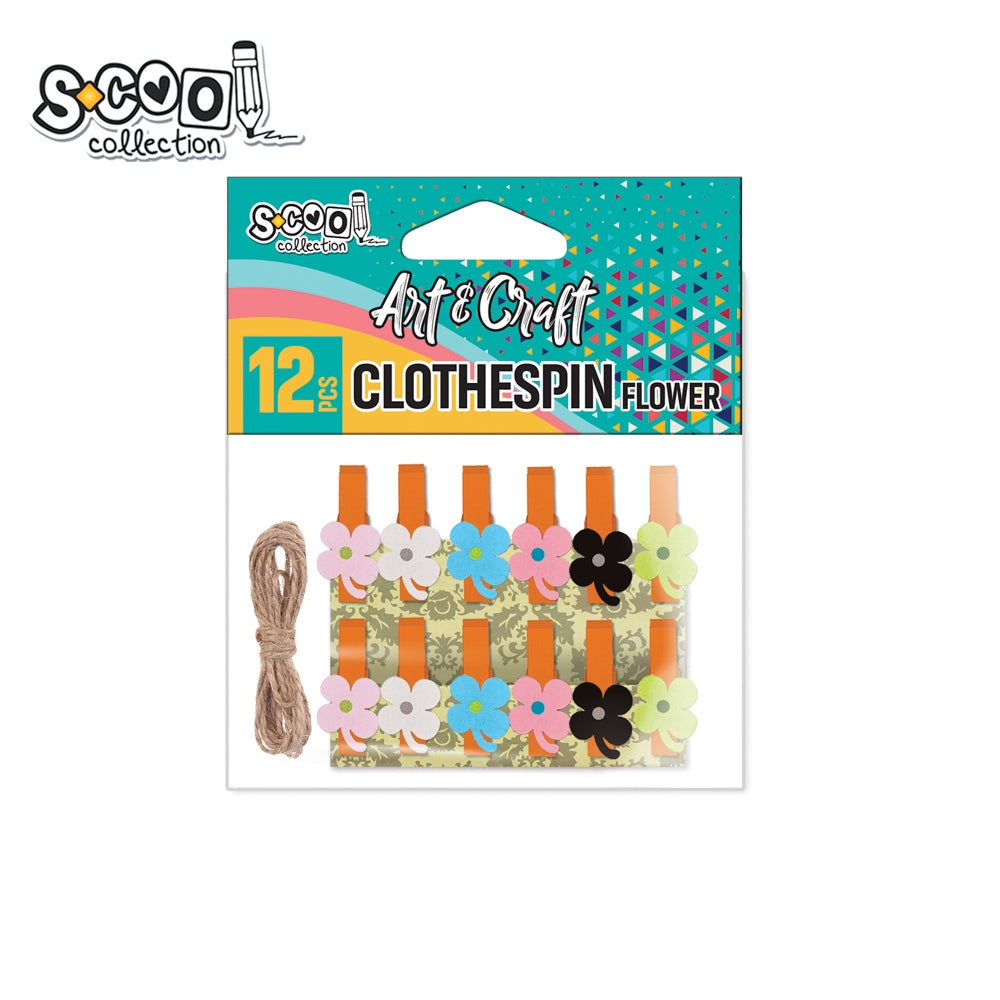 Set decorativ marca S-COOL compus din 12 cârlige din lemn și metal cu flori colorate și o sfoară de iută, destinat ghirlandelor foto și proiectelor craft.