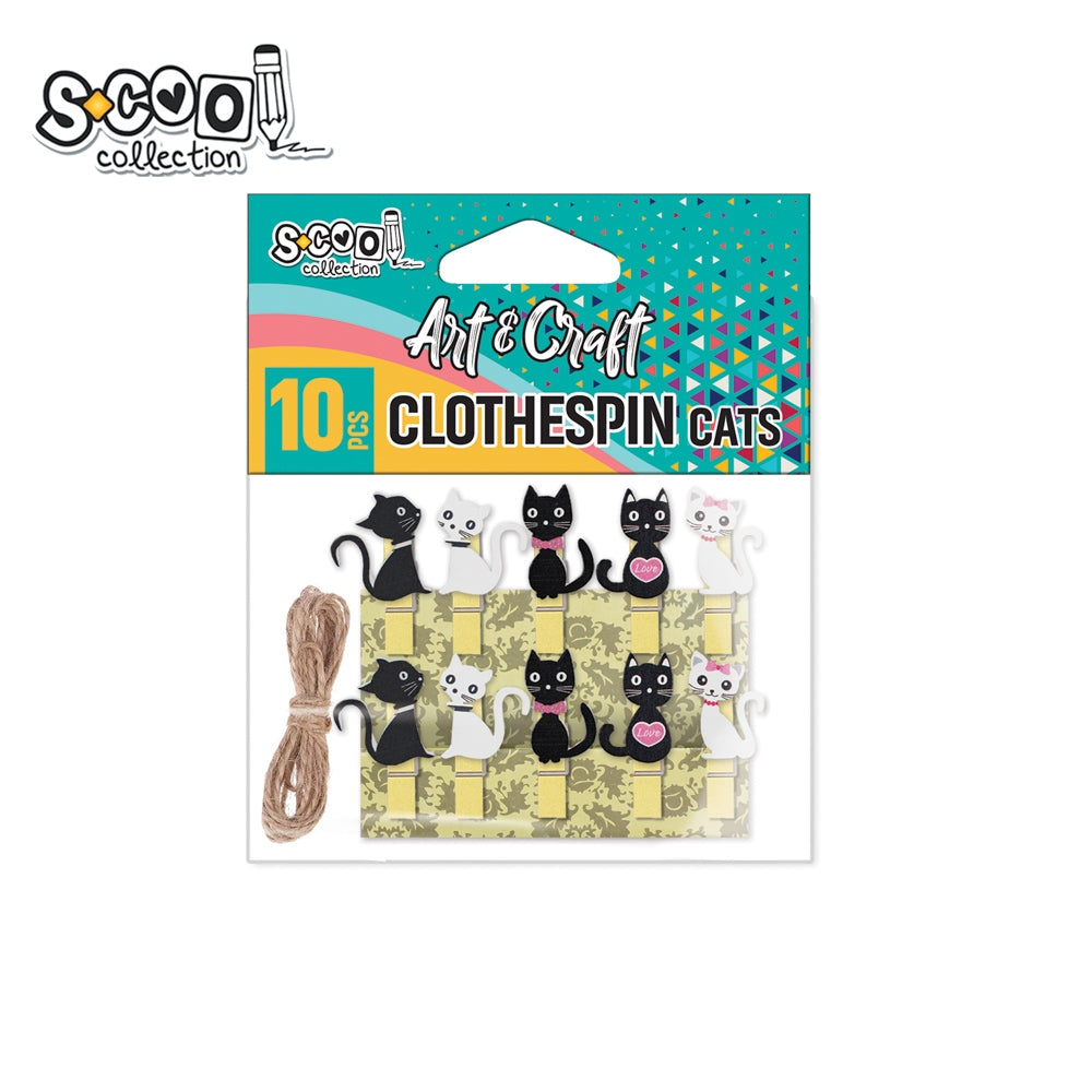 Set decorativ marca S-COOL compus din 10 cârlige din lemn și metal cu pisicuțe albe și negre și o sfoară de iută, destinat activităților craft și ghirlandelor foto
