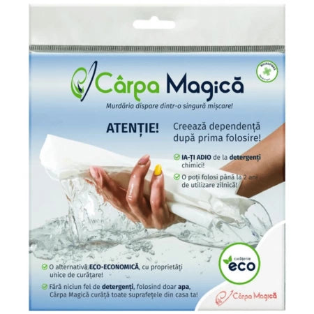 Lavetă albă din microfibră "Cârpa Magică", dimensiune 40x40 cm, pentru curățarea geamurilor și a mobilierului fără detergenți, doar cu apă.