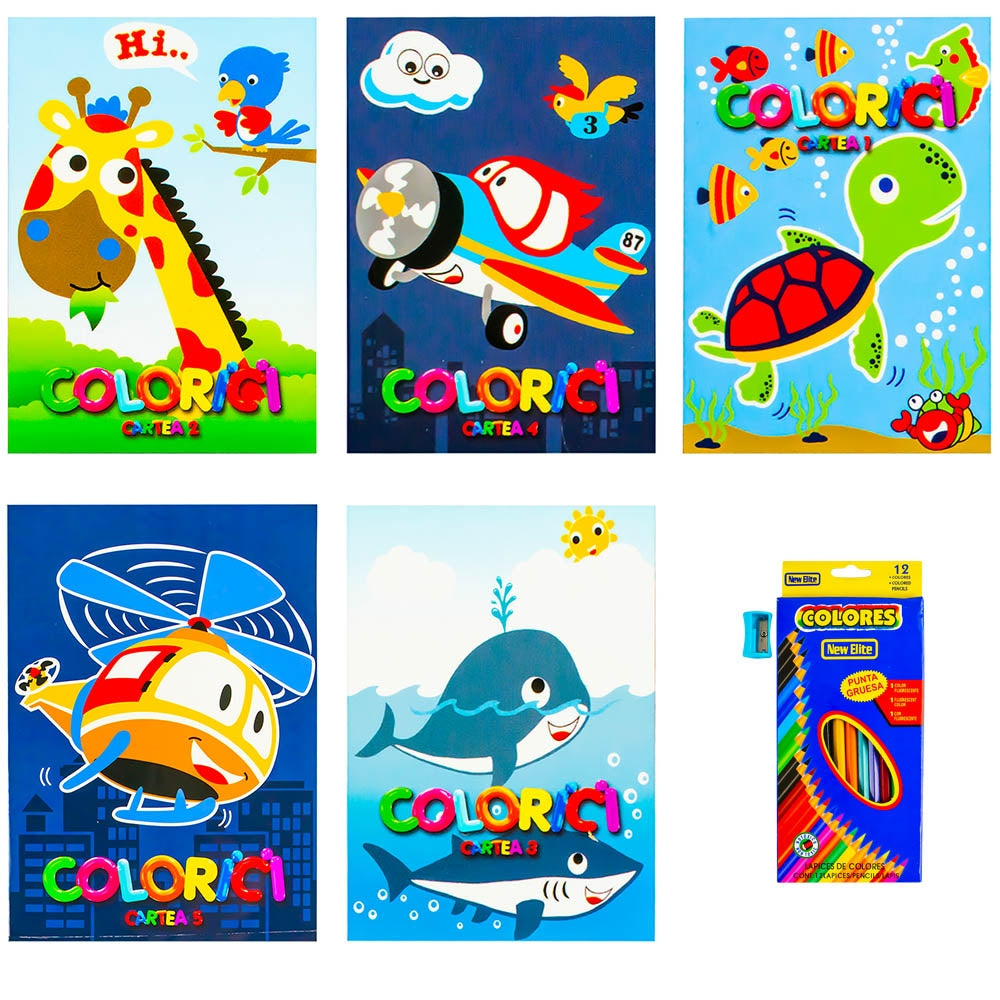 Carti de colorat, 12 file, 5 buc/set + creioane color + ascutitoare