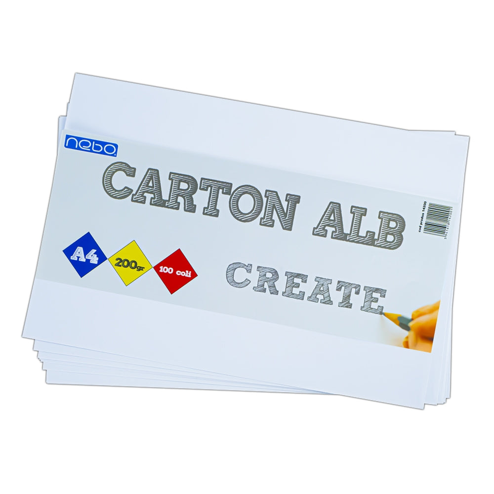 Set de 100 coli carton alb format A4, gramaj 200g, suprafață netedă pentru tipărire profesională și activități creative, brand NEBO.