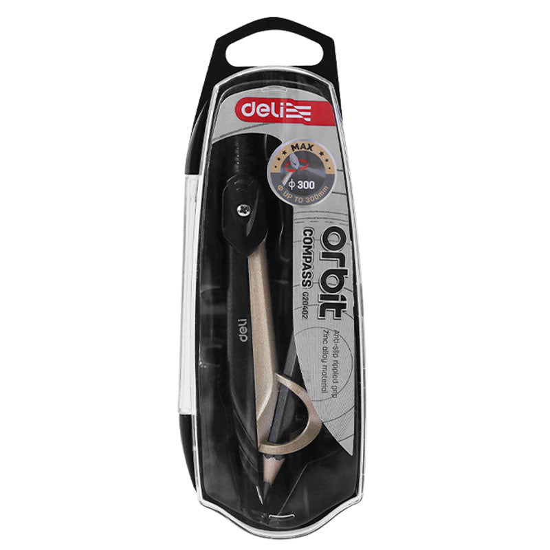 Compas cu creion inclus Deli Orbit, realizat din aliaj de zinc rezistent, cu mâner cu grip și deschidere reglabilă pentru cercuri de până la 300 mm.