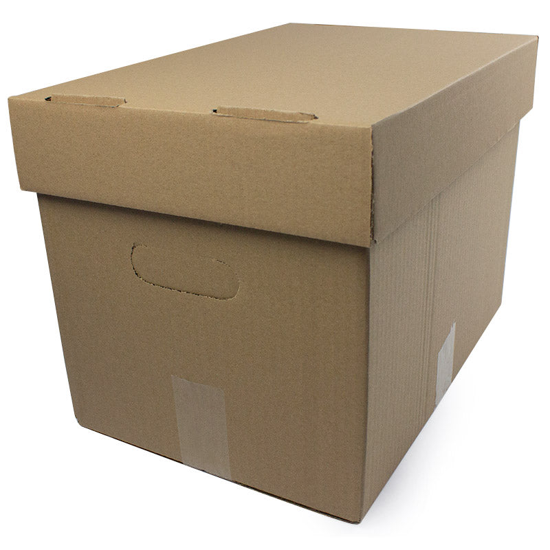 Container de arhivare compact cu capac detașabil și mânere, din carton ondulat, ideal pentru stocarea a 3 bibliorafturi.