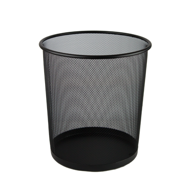 Coș de gunoi pentru birou realizat din plasă metalică neagră perforată, capacitate 15 litri, design cilindric modern.