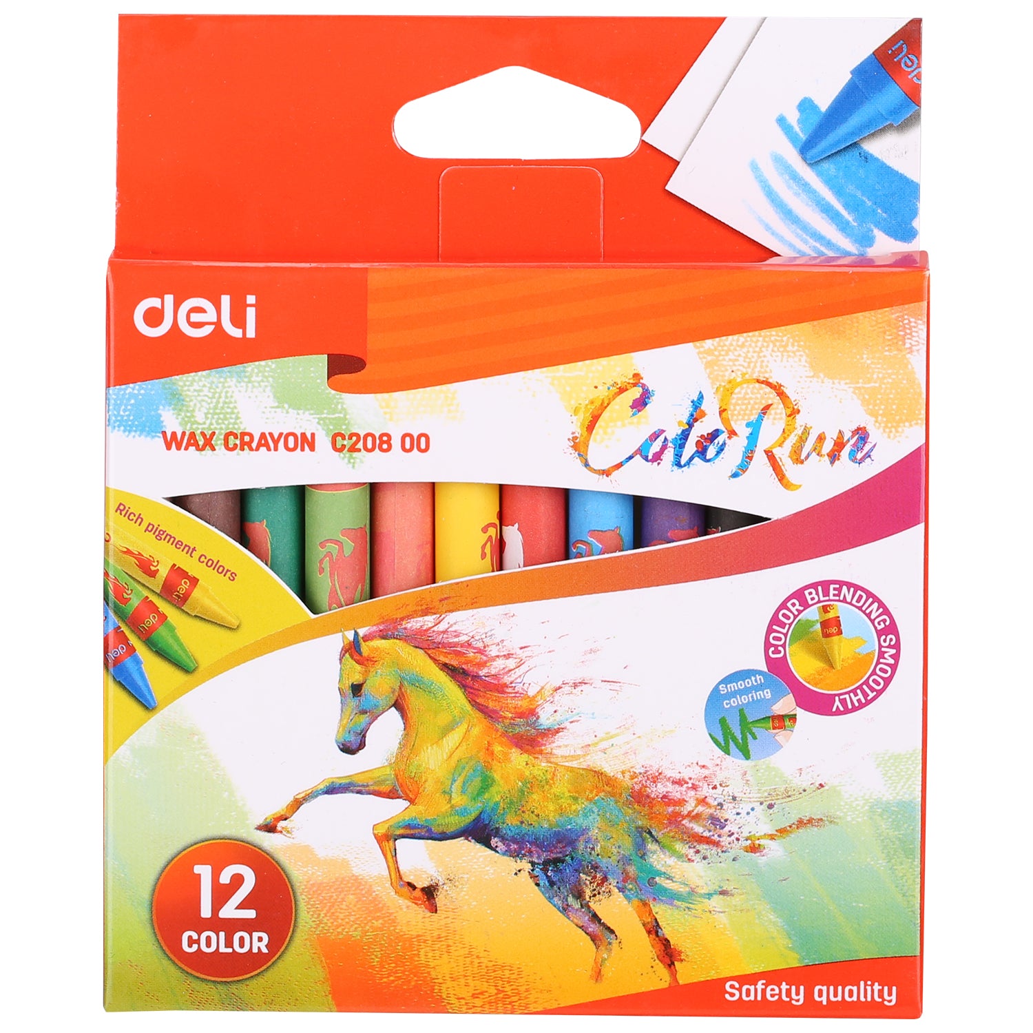 Cutie cu set de 12 creioane cerate multicolore marca Deli, cu înveliș din hârtie de protecție, ideale pentru colorat, desenat și activități creative la școală sau grădiniță