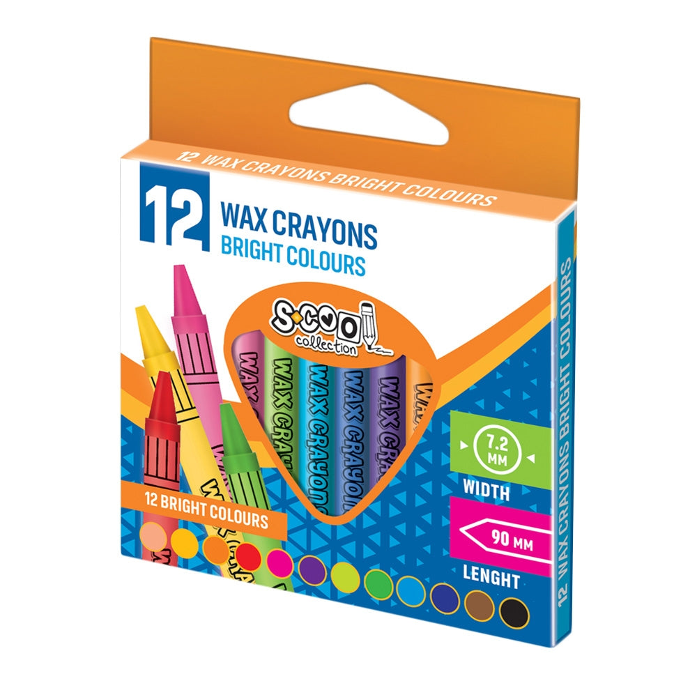 Set de 12 creioane cerate multicolore marca S-COOL, rezistente la apă și non-toxice, cu corp rotund protejat de manșon din hârtie, ambalate în cutie din carton pentru școală și grădiniță