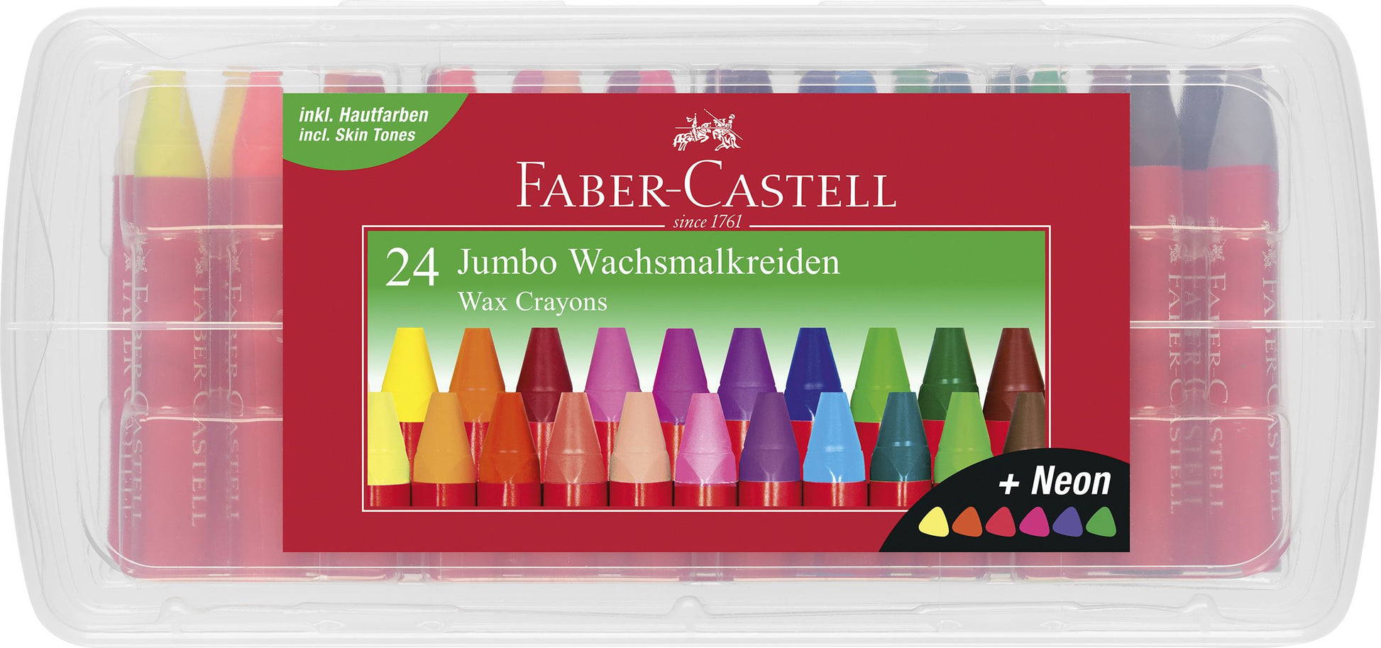 Set premium de 24 de creioane cerate groase de tip Jumbo, multicolore, marca Faber-Castell, organizate într-o cutie rigidă și reutilizabilă din plastic, ideale pentru copii, școală și grădiniță